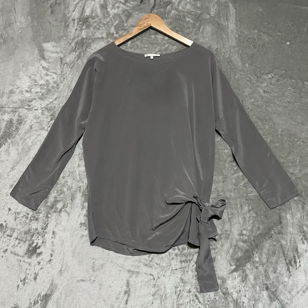 Gold Hawk Silk Tunic Blouse Womens Size XS Gray Beige Side Tie Minimalist Sheer